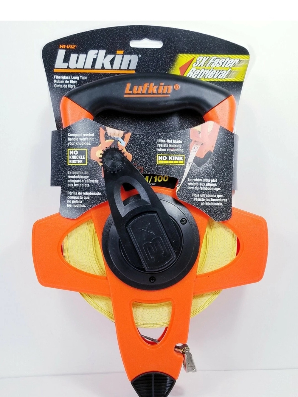 Lufkin Hi-Viz 30M/100FT Fiberglass Long Tape Measure 3X Faster Retrieval